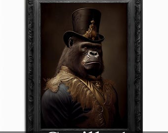 May include: A gorilla wearing a black top hat with gold accents and a gold-trimmed black jacket. The gorilla is looking directly at the viewer with a serious expression.