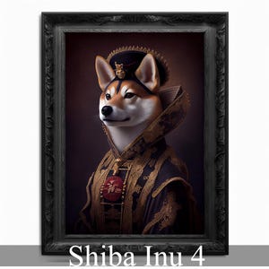 May include: A Shiba Inu dog dressed in a black and gold robe with a red and gold crown. The dog is wearing a gold necklace and has a serious expression on its face. The background is a dark brown color.