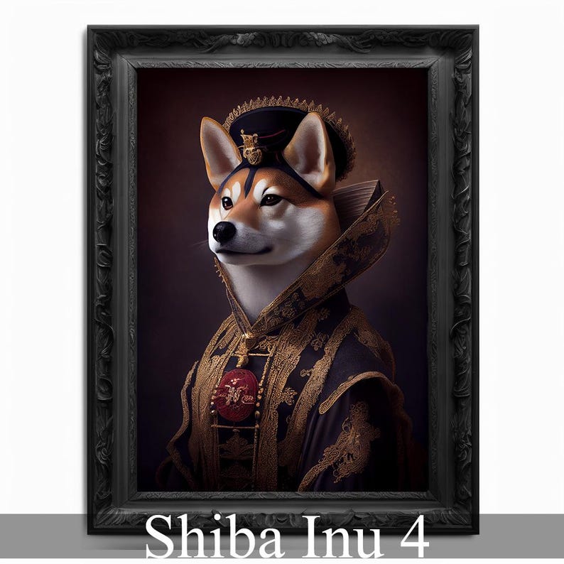 May include: A Shiba Inu dog dressed in a black and gold robe with a red and gold crown. The dog is wearing a gold necklace and has a serious expression on its face. The background is a dark brown color.