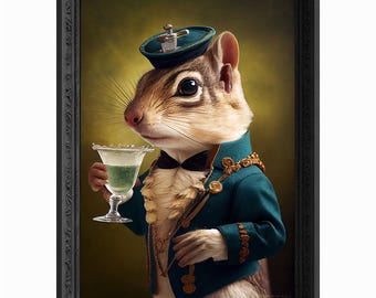 May include: A whimsical painting of a chipmunk dressed in a blue and gold uniform, holding a glass of green liquid. The chipmunk is wearing a sailor hat and a bow tie. The background is a muted green.