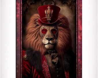 Red Lion Wall Art Print, Red Animal Lover Vintage Regal Art Poster. Victorian Red Lion Pub Portrait Royal Painting Red lion Bar Art Pet Gift