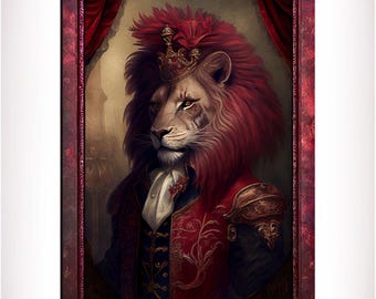 May include: A painting of a red lion wearing a crown and a red and gold jacket. The lion is in a portrait style setting with a red curtain in the background. The painting is titled "Red Lion 13".