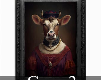 May include: A portrait of a cow wearing a red and black hat, a gold necklace, and a burgundy dress. The cow is looking directly at the viewer. The background is a dark brown color. The image is titled "Cow 3".