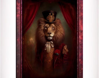 May include: A lion wearing a top hat and a red velvet jacket with a gold trim. The lion is standing in front of a red curtain and a gold background. The image is titled "Red Lion 16".
