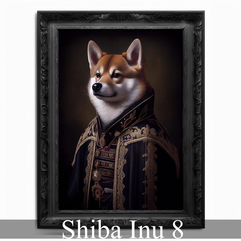 May include: A Shiba Inu dog wearing a black and gold robe with a red jewel. The dog is looking to the left of the image. The background is a dark brown color. "Shiba Inu 8" is written in white text at the bottom of the image.