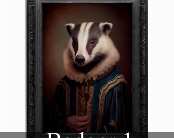 May include: A painting of a badger dressed in a blue and gold robe with a white fur collar. The badger has a serious expression and is looking directly at the viewer. The painting is framed in a black frame.