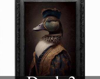May include: A duck wearing a blue and gold crown and a gold and blue patterned robe. The duck is posed in a portrait style against a dark background. The image is titled "Duck 3".