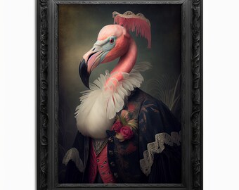 Victorian Flamingo Portrait: Renaissance Royal Painting Wall Art Print