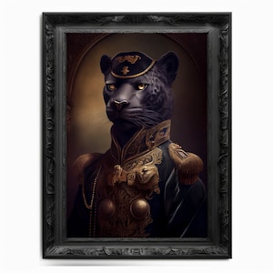 May include: A black panther wearing a gold and blue military uniform with a black cap. The panther is depicted in a portrait style with a gold background.