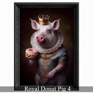 Königliches Schwein Essen Donut Portrait, Tier Malerei, Veränderte Kunst, Bar Poster, Regal Vintage Kunstwerk, Einzigartige Kunst Druck, Lustiges Geschenk