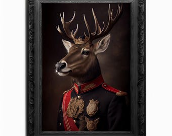 Military Stag Art Print | Aristocratic Deer Portrait | Victorian Deer Wall Art | Renaissance Animal Poster | Lodge Decor | Stag Gift