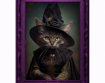 魔女猫の肖像：堂々としたヴィンテージ動物アートプリント