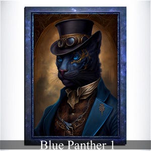 Blue Panther Wall Art Print, Blue Animal Lover Vintage Regal Art Poster. Victorian Gold Panther Portrait Royal Painting Puma Pet Gift