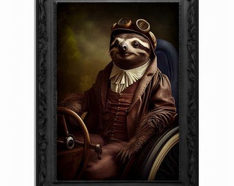 May include: A sloth wearing goggles and a leather jacket sits in a race car, holding the steering wheel. The sloth is in a portrait style painting with a dark brown background.