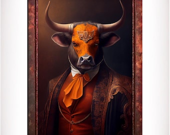 May include: A painting of an orange bull wearing a dark suit with a gold chain and an orange bow tie. The bull has a gold crown on its head and is set against a dark background.