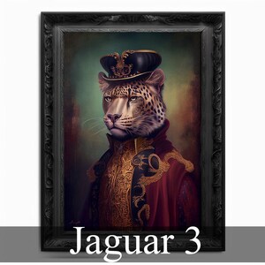 May include: A painting of a jaguar wearing a black and gold hat and a red and gold jacket. The jaguar is looking directly at the viewer. The painting is framed in a black frame.