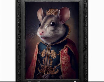 May include: A portrait of a mouse wearing a royal blue and gold robe with a red cape and a gold crown. The mouse is looking directly at the viewer. The background is a dark brown color.