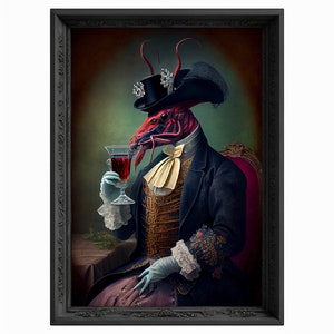 Lobster Drinks Wine Portrait, Animal Painting, Altered Art, Bar Room Poster, Regal Vintage Artwork, Unique Art Prints, Funny Gift