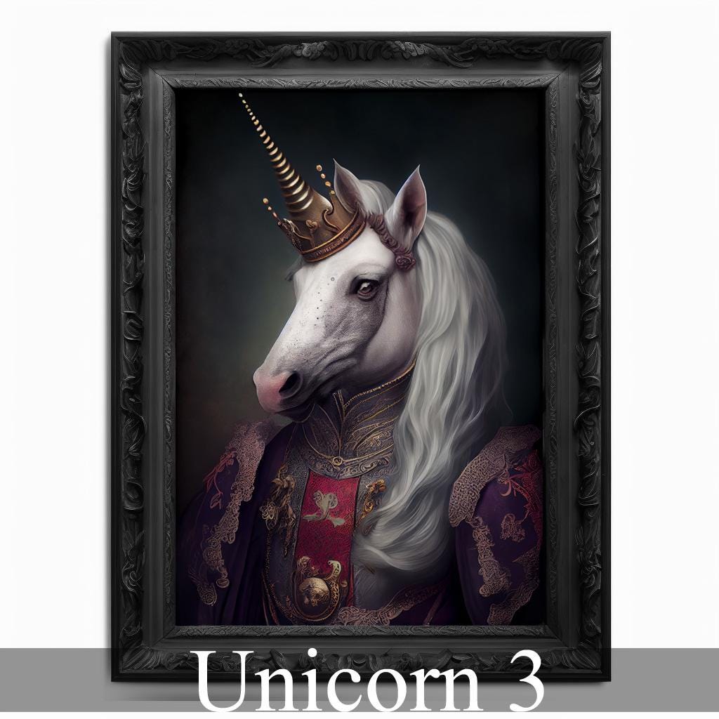 Unicorn Wall Art Print, Animal Lover Vintage Regal Unicorn Art Poster Renaissance. Victorian Unicorn Portrait, Royal Painting Home Pet Gift
