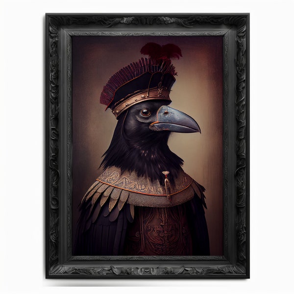 Crow Wall Art Print, Bird Animal Lover Vintage Regal Art Poster Renaissance. Victorian Black Crow Portrait, Royal Painting Raven Pet Gift