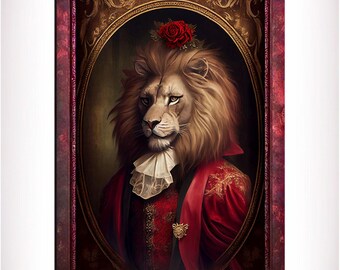 Red Lion Wall Art Print, Red Animal Lover Vintage Regal Art Poster. Victorian Red Lion Pub Portrait Royal Painting Red lion Bar Art Pet Gift