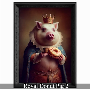 Königliches Schwein Essen Donut Portrait, Tier Malerei, Veränderte Kunst, Bar Poster, Regal Vintage Kunstwerk, Einzigartige Kunst Druck, Lustiges Geschenk