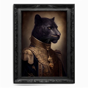 May include: A black panther wearing a gold and blue military uniform with intricate details. The panther has a serious expression and is looking to the right. The background is a muted brown.