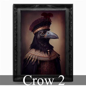 May include: A black crow wearing a gold and red crown and a gold and brown patterned vest. The crow is looking to the right. The image is in a black frame.