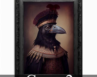 May include: A black crow wearing a gold and red crown and a gold and brown patterned vest. The crow is looking to the right. The image is in a black frame.