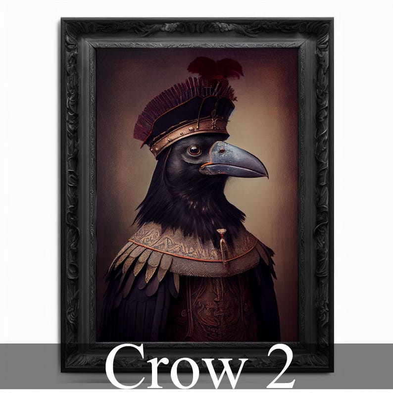 May include: A black crow wearing a gold and red crown and a gold and brown patterned vest. The crow is looking to the right. The image is in a black frame.