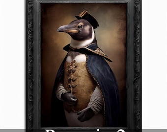 May include: A penguin wearing a gold and brown vest and a blue cape with a gold trim. The penguin is wearing a gold hat with a black band. The background is a brown and gold color.
