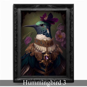 Regal Hummingbird Portrait Digital Art Print - Victorian Style Bird Illustration with Ornate Frame - Elegant Wall Décor for Nature Lovers