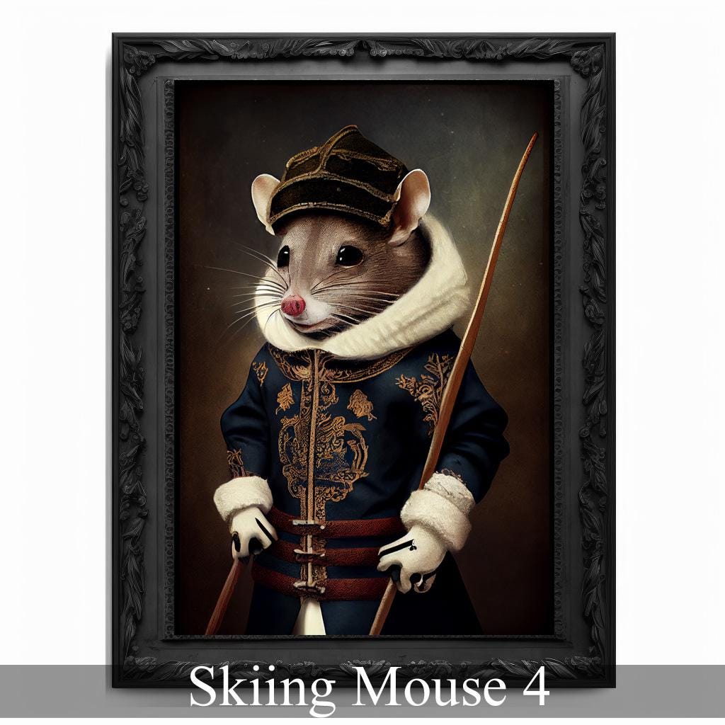 オリジナル作品　ネズミ スキーをするネズミのアートプリント：ヴィンテージ・ルネッサンスの