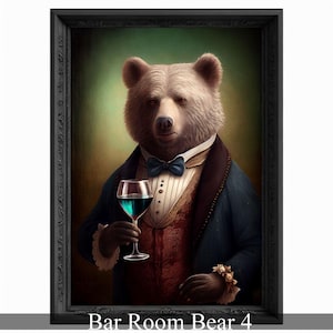 Bar Room Bear Wall Art Print, Animal Lover Vintage Regal Bear Drinking Wine Poster Victorian Drinking Bear Portrait Royal Painting Bear Gift
