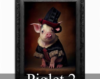 May include: A piglet wearing a black and red hat and a black and brown coat. The piglet is sitting on a wooden surface and looking at the camera. The background is a brown wall. The text "Piglet 2" is below the image.