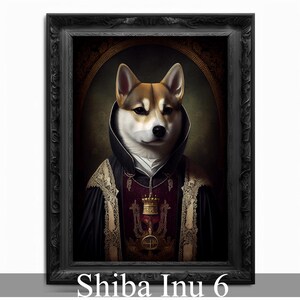 May include: A Shiba Inu dog dressed in a black and gold robe with a crown and a cross pendant. The dog is wearing a white collar and has a serious expression on its face. The background is a dark green and brown.