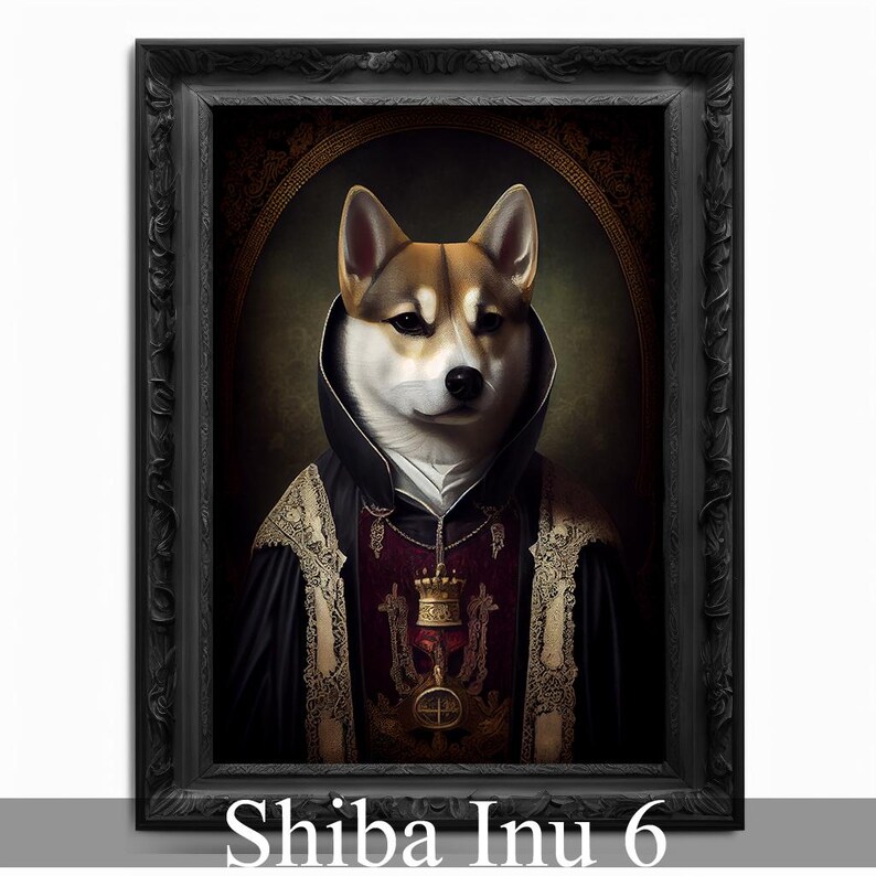 May include: A Shiba Inu dog dressed in a black and gold robe with a crown and a cross pendant. The dog is wearing a white collar and has a serious expression on its face. The background is a dark green and brown.