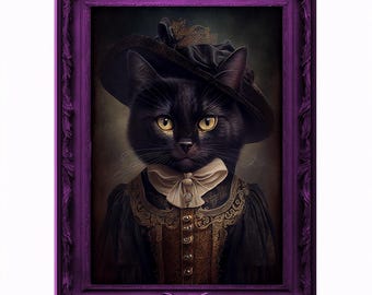 魔女猫の肖像：堂々としたヴィンテージ動物アートプリント