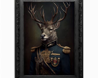 Military Stag Wall Art Print, Animal Lover Vintage Regal Stag Art Deer Poster Renaissance. Victorian Stag Portrait, Royal Painting Pet Gift