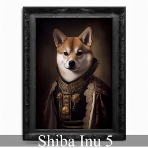 May include: A Shiba Inu dog dressed in a regal, gold-trimmed, burgundy robe with a gold chain and pendant. The dog has a pink blush on its cheek and is looking directly at the viewer. The background is a dark brown.