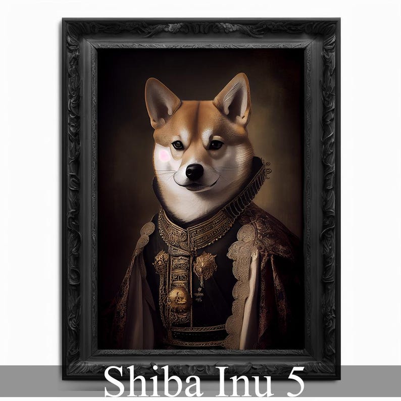 May include: A Shiba Inu dog dressed in a regal, gold-trimmed, burgundy robe with a gold chain and pendant. The dog has a pink blush on its cheek and is looking directly at the viewer. The background is a dark brown.