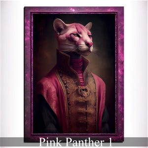 Impression d'art mural panthère rose, poster d'art royal vintage amoureux des animaux roses. Peinture royale victorienne de portrait de chat rose, cadeau d'animal de compagnie de Puma, grand félin