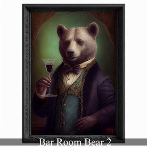 Bar Room Bear Wall Art Print, Animal Lover Vintage Regal Bear Drinking Wine Poster Victorian Drinking Bear Portrait Royal Painting Bear Gift