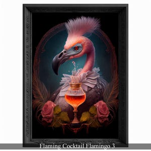 Flaming Cocktail Flamingo, Bar Room Flamingo Wall Art Print, Animal Lover, Flamingo Poster, Drinking Flamingo Portrait Painting Flamingo Art