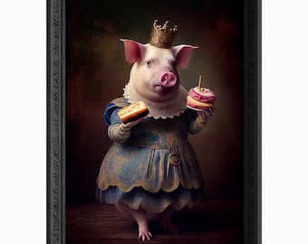 Royal Pig Portrait, Animal Painting, Altered Art, Bar Room Poster, Regal Vintage Artwork, Unique Art Prints, Funny Gift