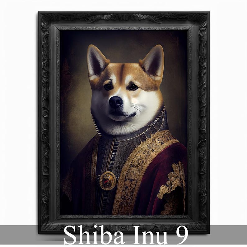 May include: A Shiba Inu dog wearing a red and gold robe with a gold chain and a round medallion. The dog is framed in a black ornate frame. The text "Shiba Inu 9" is below the frame.