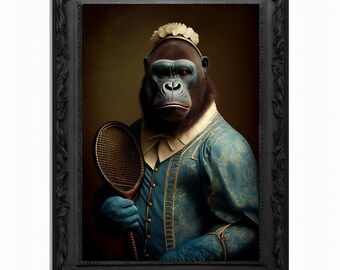 May include: A portrait of a gorilla dressed in a blue and gold patterned jacket, holding a tennis racket. The gorilla is wearing a white headband and has a serious expression. The portrait is framed in a black frame.