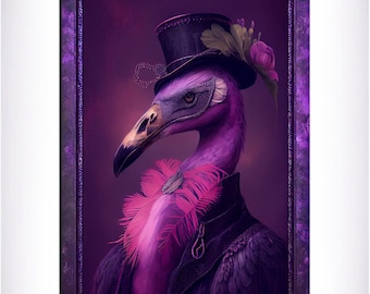 May include: A purple flamingo wearing a black top hat with a pink feather boa and a black mask. The background is a dark purple with a gold frame.