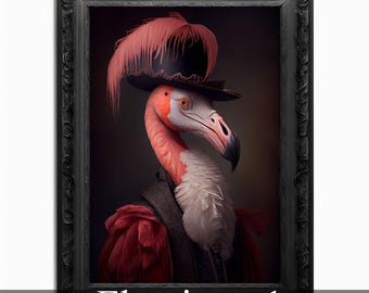 Flamingo Wall Art Print,  Animal Lover Vintage Regal Flamingo Art Poster Renaissance. Victorian Flamingo Portrait, Royal Painting Home Gift
