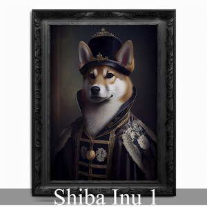 May include: A Shiba Inu dog wearing a black and gold royal costume with a crown on top of a black hat. The dog is looking directly at the viewer. The background is a dark gray.